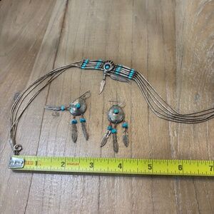 Vintage Native American Sterling Silver Turquoise Necklace & Earrings